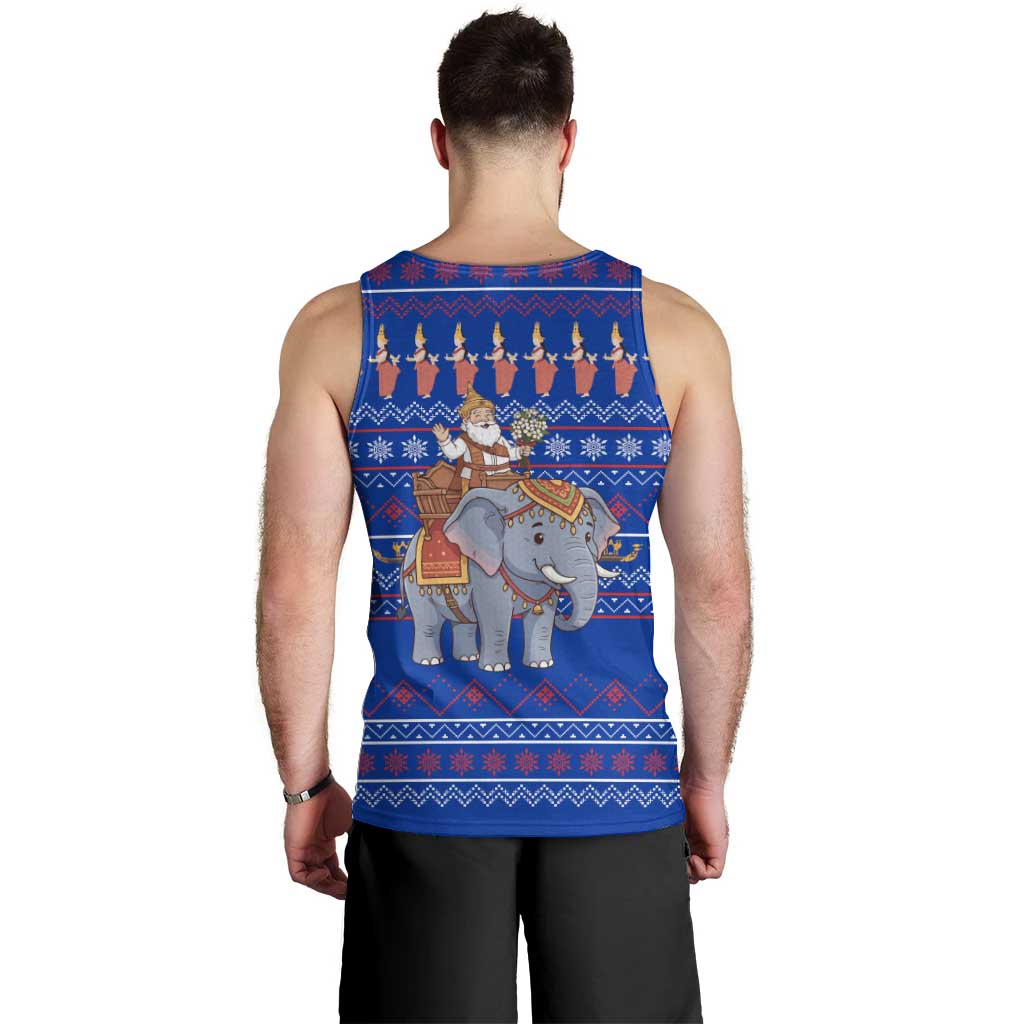 Cambodia Christmas Men Tank Top with Santa in Traditional Outfit Elephant Dancers and Snowflake Pattern - Wonder Print Shop