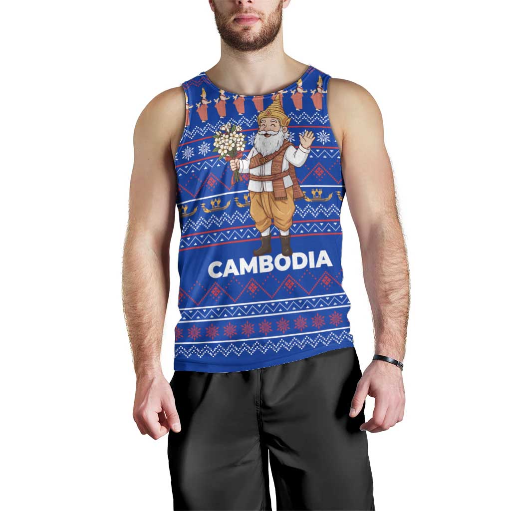 Cambodia Christmas Men Tank Top with Santa in Traditional Outfit Elephant Dancers and Snowflake Pattern - Wonder Print Shop