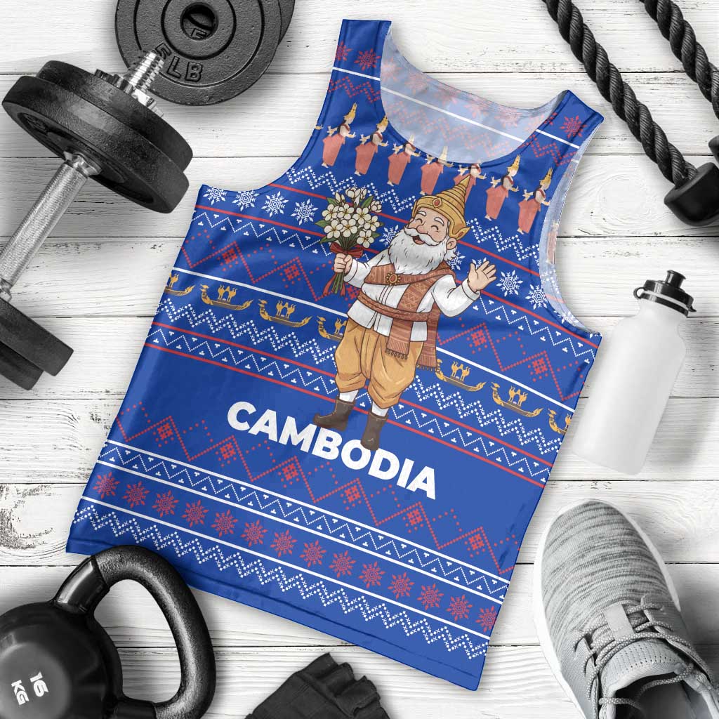 Cambodia Christmas Men Tank Top with Santa in Traditional Outfit Elephant Dancers and Snowflake Pattern - Wonder Print Shop