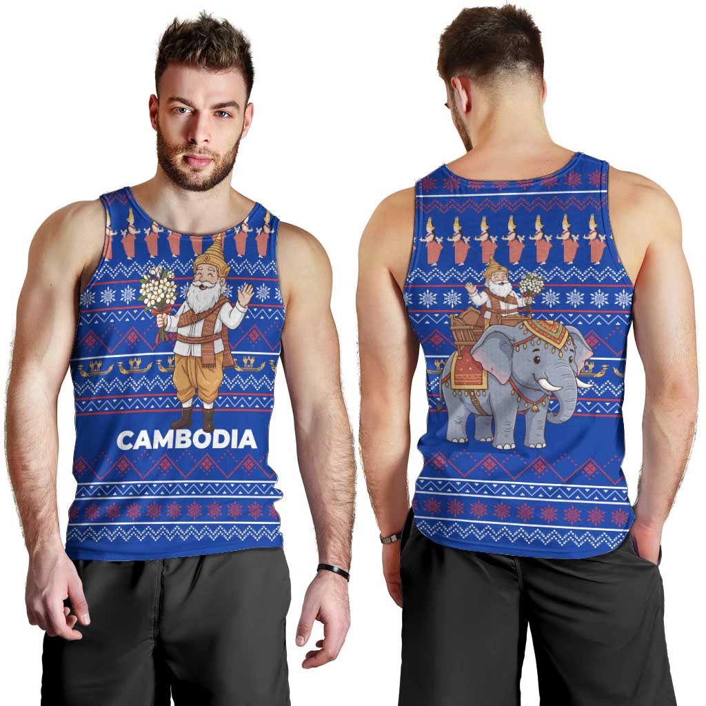 Cambodia Christmas Men Tank Top with Santa in Traditional Outfit Elephant Dancers and Snowflake Pattern - Wonder Print Shop
