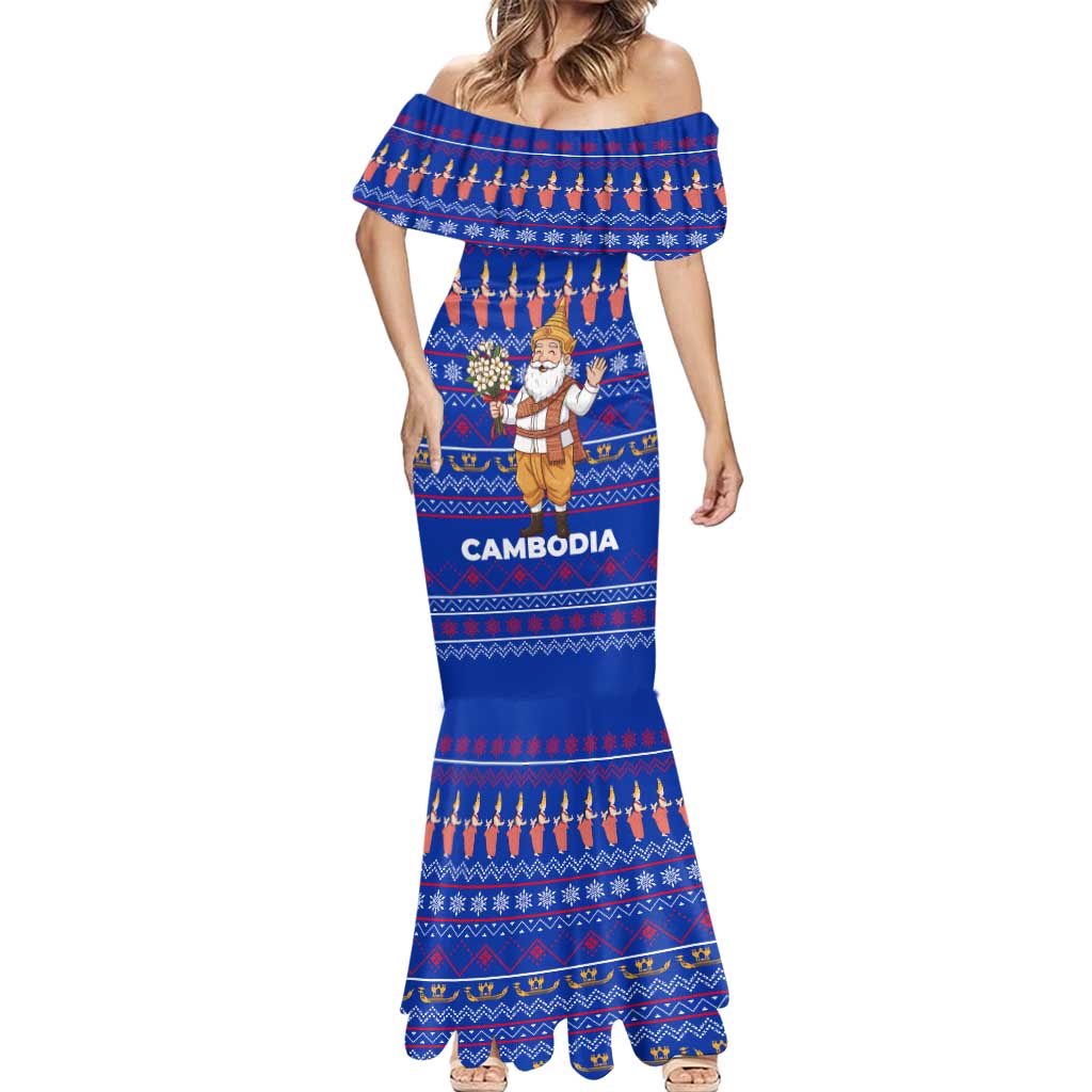 Cambodia Christmas Mermaid Dress with Santa in Traditional Outfit Elephant Dancers and Snowflake Pattern - Wonder Print Shop