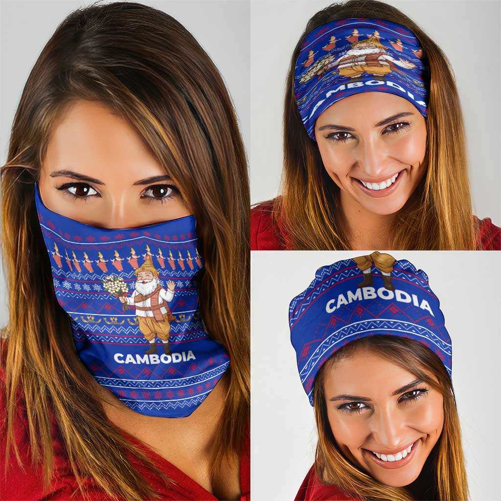 Cambodia Christmas Neck Gaiter with Santa in Traditional Outfit Elephant Dancers and Snowflake Pattern - Wonder Print Shop