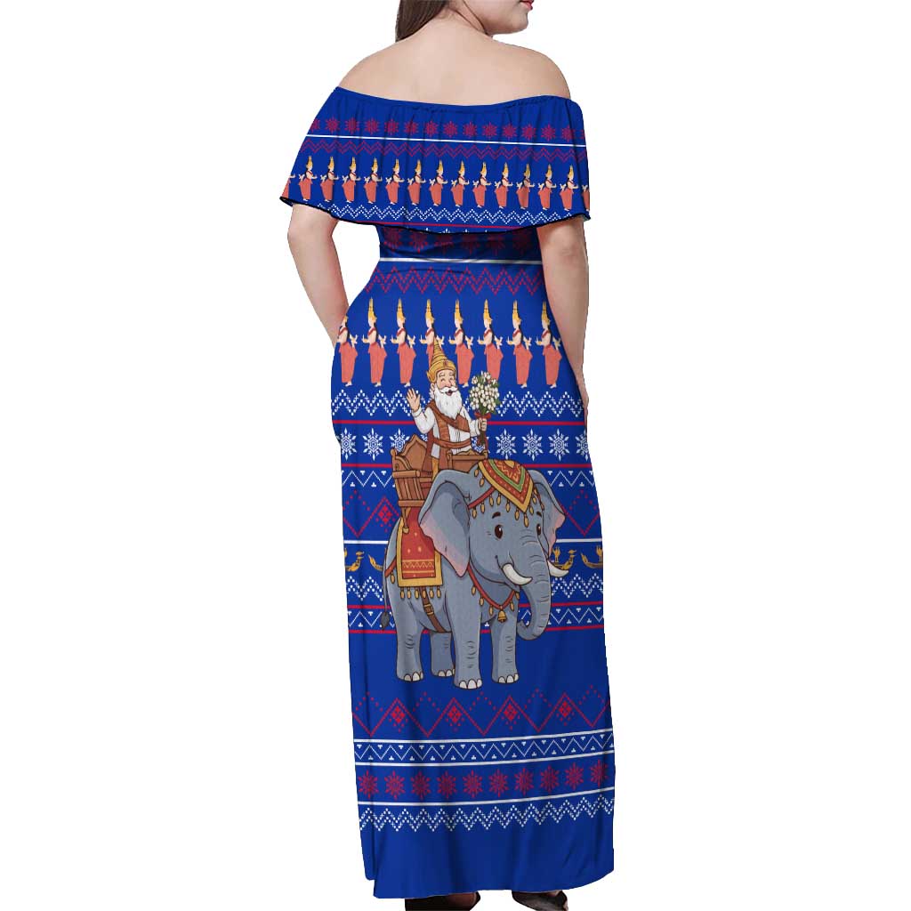 Cambodia Christmas Off Shoulder Maxi Dress with Santa in Traditional Outfit Elephant Dancers and Snowflake Pattern - Wonder Print Shop