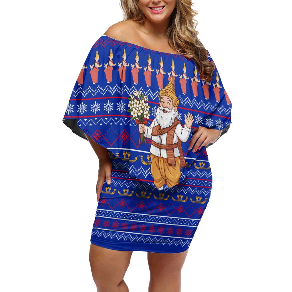 Cambodia Christmas Off Shoulder Short Dress with Santa in Traditional Outfit Elephant Dancers and Snowflake Pattern - Wonder Print Shop