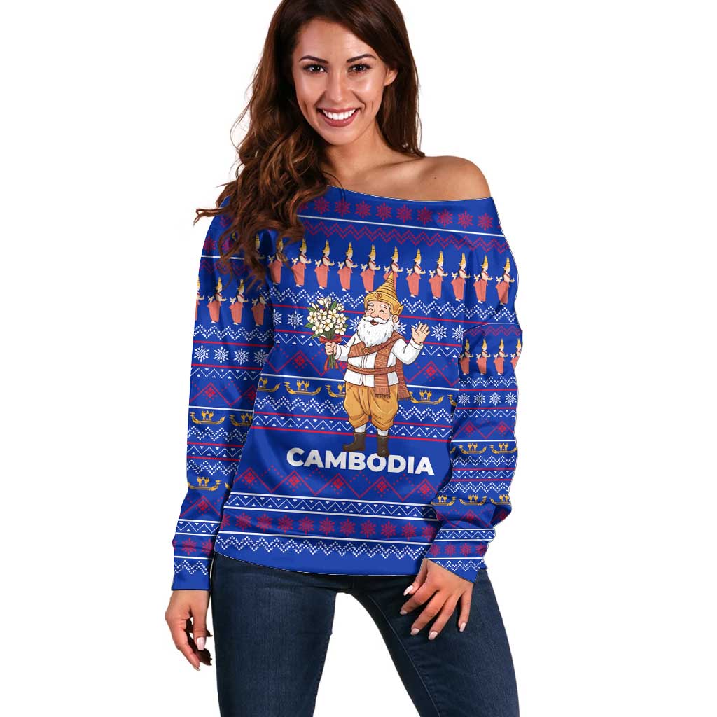 Cambodia Christmas Off Shoulder Sweater with Santa in Traditional Outfit Elephant Dancers and Snowflake Pattern - Wonder Print Shop