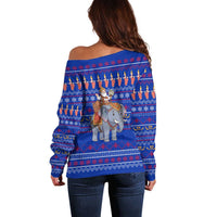 Cambodia Christmas Off Shoulder Sweater with Santa in Traditional Outfit Elephant Dancers and Snowflake Pattern - Wonder Print Shop