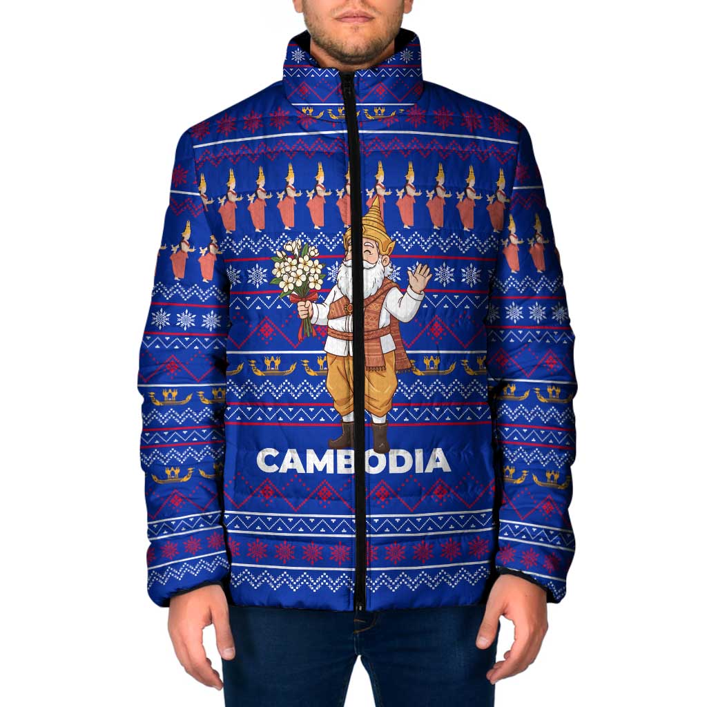 Cambodia Christmas Padded Jacket with Santa in Traditional Outfit Elephant Dancers and Snowflake Pattern - Wonder Print Shop