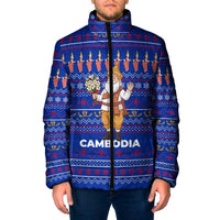 Cambodia Christmas Padded Jacket with Santa in Traditional Outfit Elephant Dancers and Snowflake Pattern - Wonder Print Shop