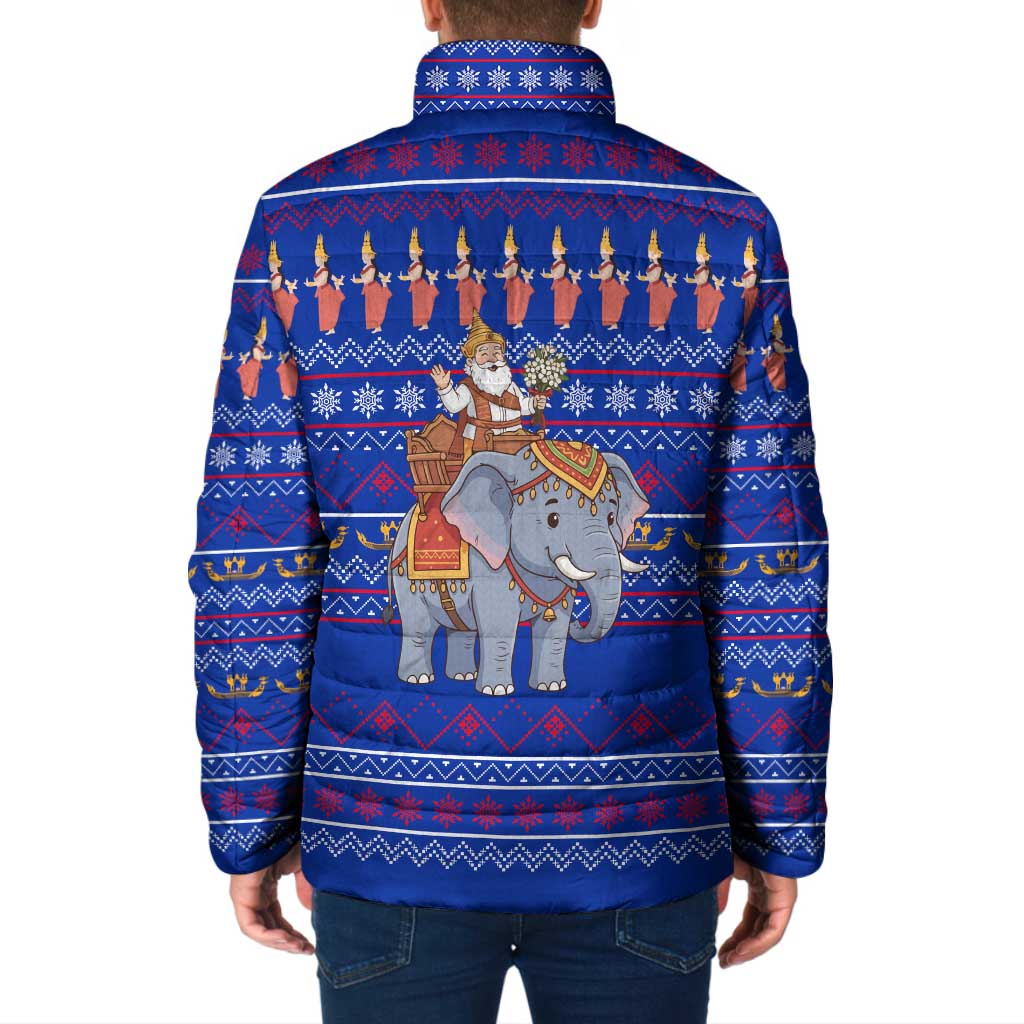 Cambodia Christmas Padded Jacket with Santa in Traditional Outfit Elephant Dancers and Snowflake Pattern - Wonder Print Shop