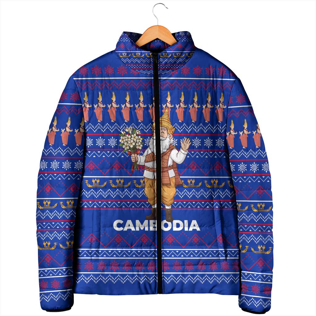 Cambodia Christmas Padded Jacket with Santa in Traditional Outfit Elephant Dancers and Snowflake Pattern - Wonder Print Shop