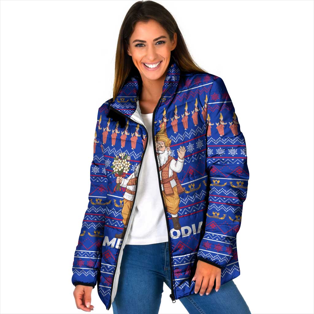 Cambodia Christmas Padded Jacket with Santa in Traditional Outfit Elephant Dancers and Snowflake Pattern - Wonder Print Shop