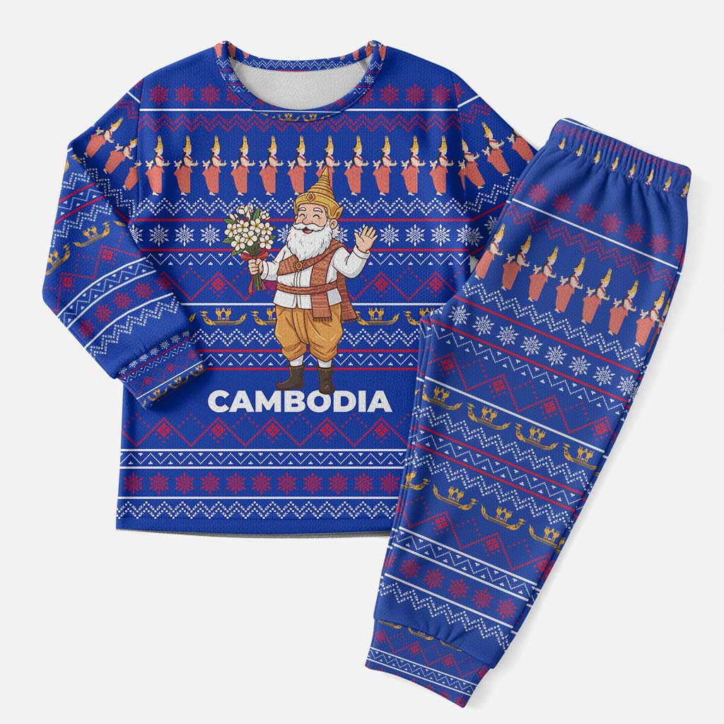 Cambodia Christmas Pajama Set with Santa in Traditional Outfit Elephant Dancers and Snowflake Pattern - Wonder Print Shop