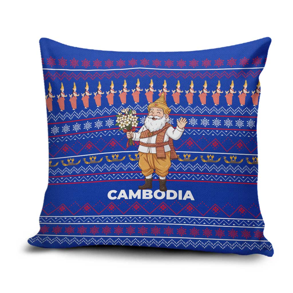 Cambodia Christmas Pillow Cover with Santa in Traditional Outfit Elephant Dancers and Snowflake Pattern - Wonder Print Shop