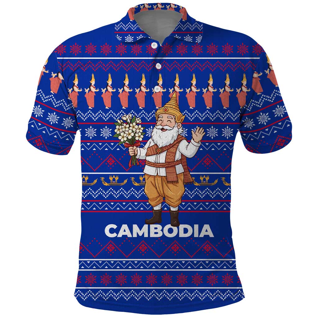 Cambodia Christmas Polo Shirt with Santa in Traditional Outfit Elephant Dancers and Snowflake Pattern - Wonder Print Shop