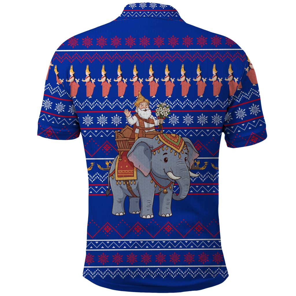 Cambodia Christmas Polo Shirt with Santa in Traditional Outfit Elephant Dancers and Snowflake Pattern - Wonder Print Shop