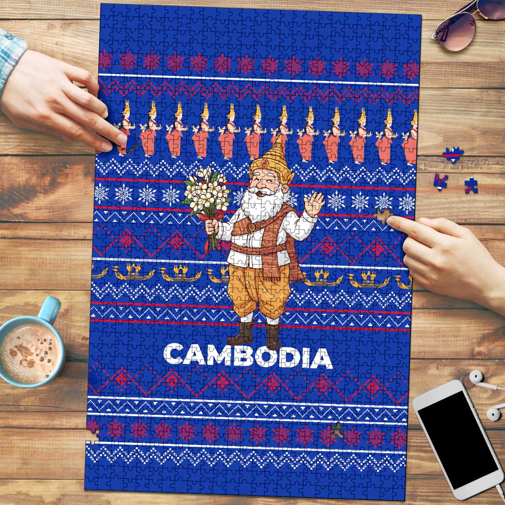 Cambodia Christmas Puzzle with Santa in Traditional Outfit Elephant Dancers and Snowflake Pattern - Wonder Print Shop
