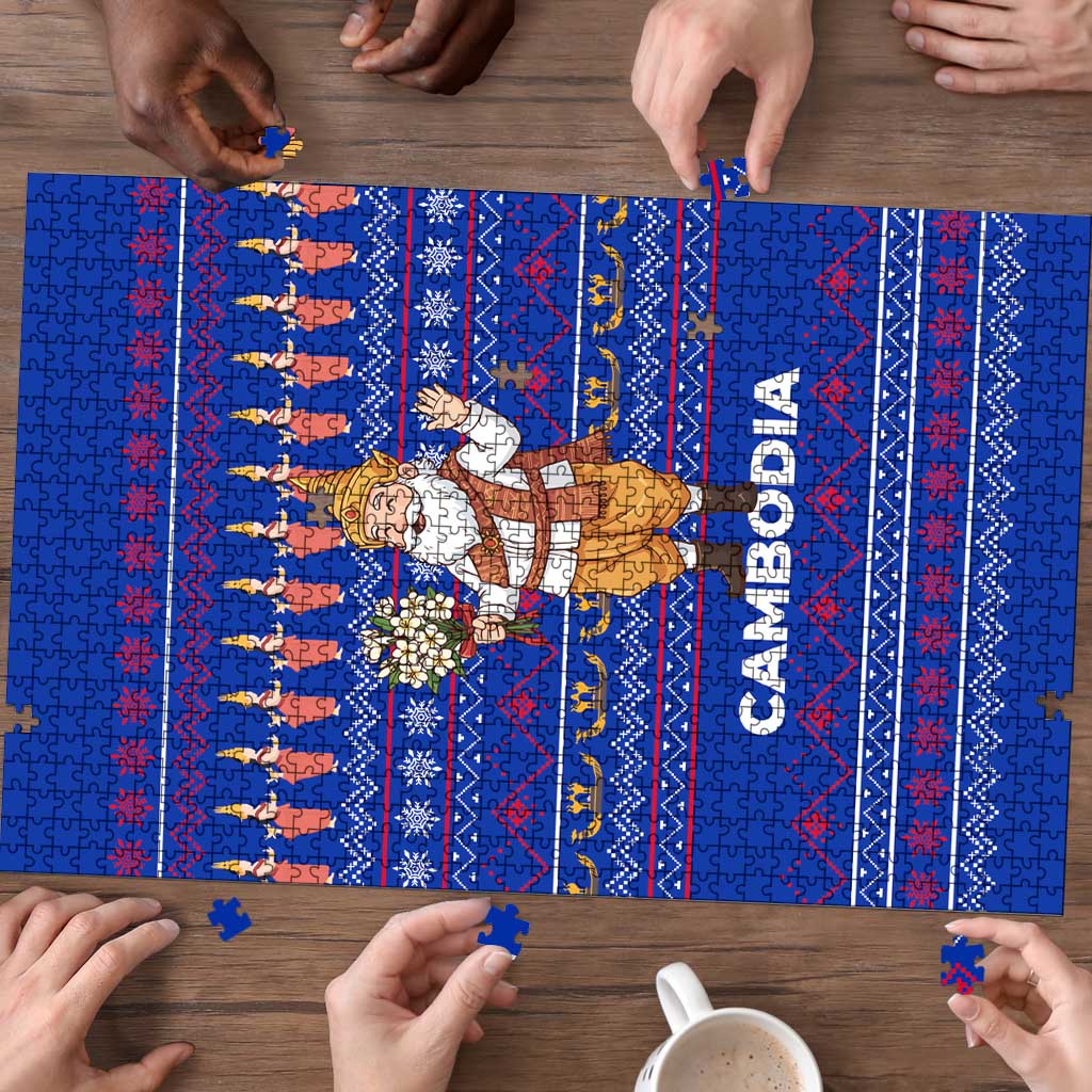 Cambodia Christmas Puzzle with Santa in Traditional Outfit Elephant Dancers and Snowflake Pattern - Wonder Print Shop