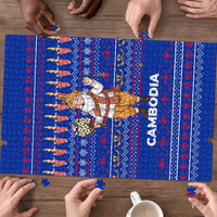 Cambodia Christmas Puzzle with Santa in Traditional Outfit Elephant Dancers and Snowflake Pattern - Wonder Print Shop