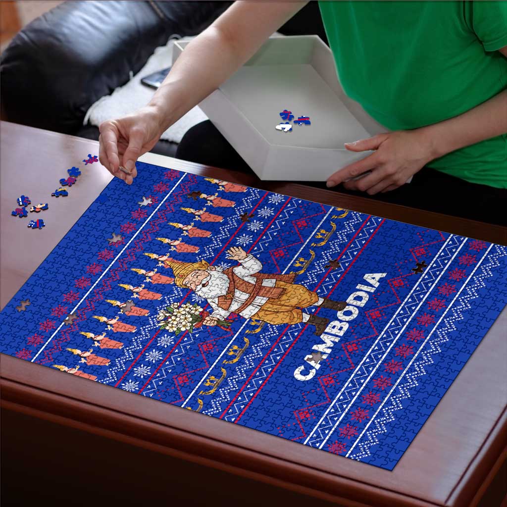 Cambodia Christmas Puzzle with Santa in Traditional Outfit Elephant Dancers and Snowflake Pattern - Wonder Print Shop