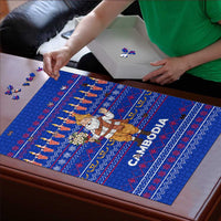 Cambodia Christmas Puzzle with Santa in Traditional Outfit Elephant Dancers and Snowflake Pattern - Wonder Print Shop