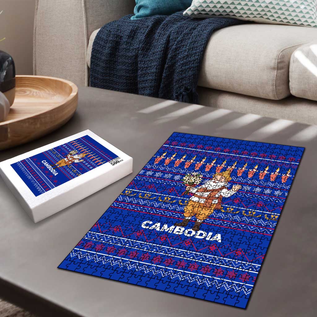 Cambodia Christmas Puzzle with Santa in Traditional Outfit Elephant Dancers and Snowflake Pattern - Wonder Print Shop
