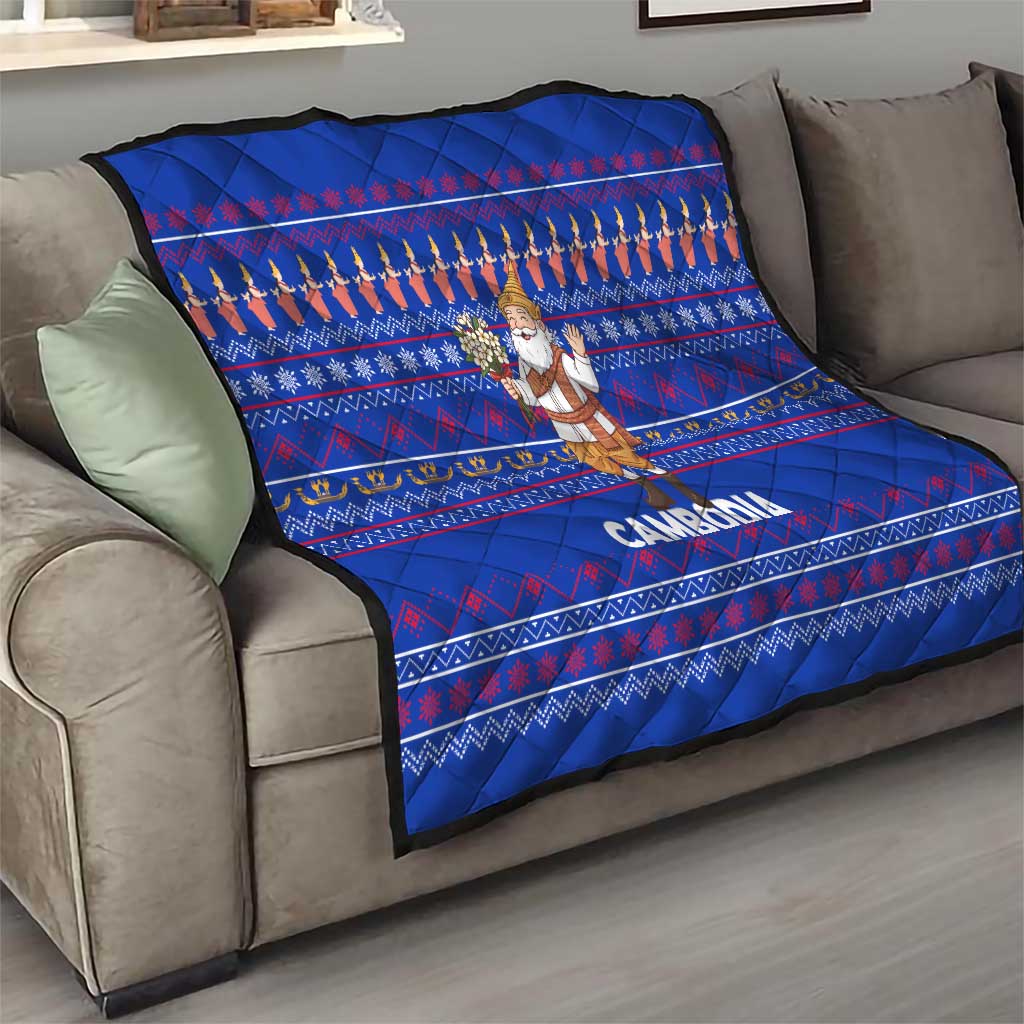 Cambodia Christmas Quilt with Santa in Traditional Outfit Elephant Dancers and Snowflake Pattern - Wonder Print Shop