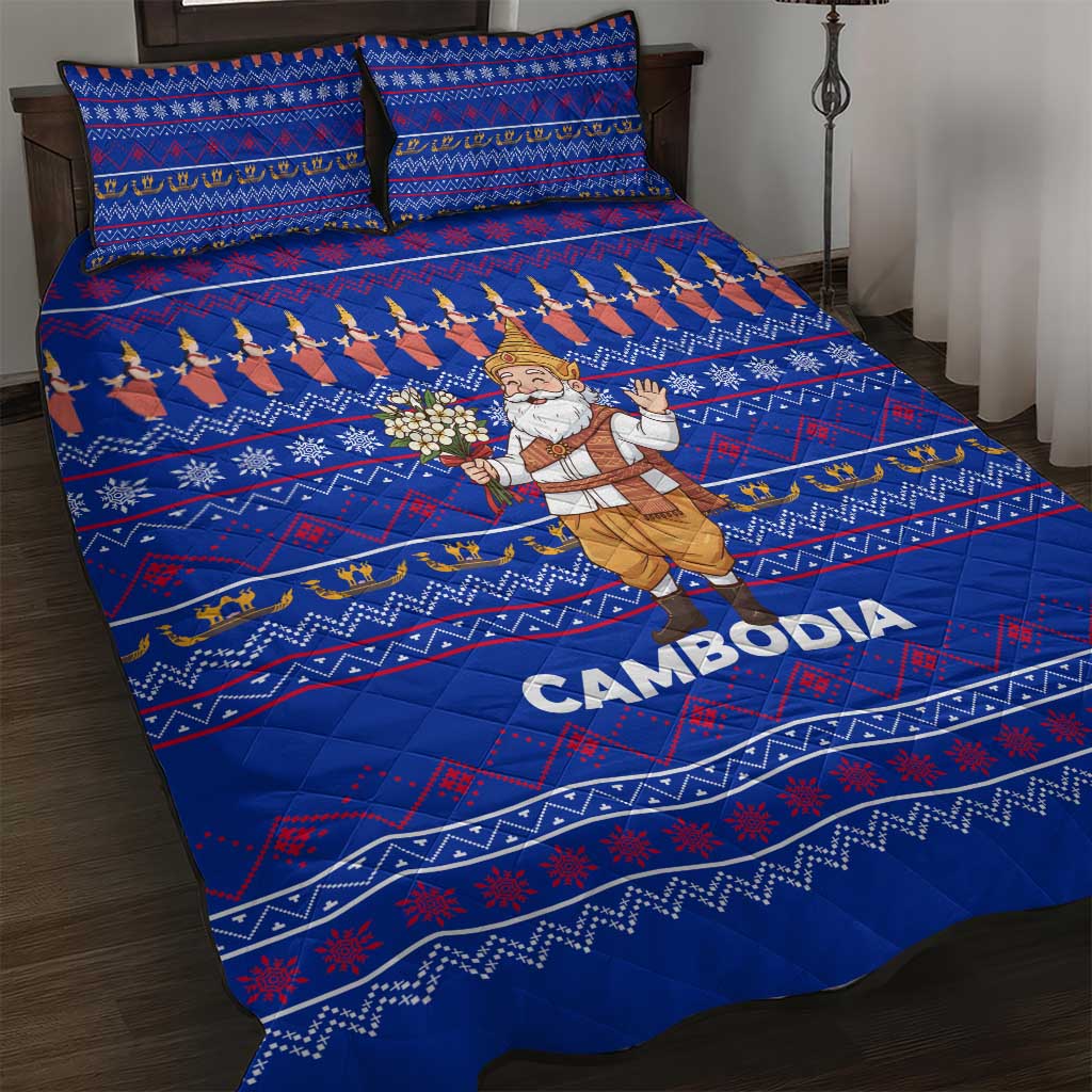 Cambodia Christmas Quilt Bed Set with Santa in Traditional Outfit Elephant Dancers and Snowflake Pattern - Wonder Print Shop