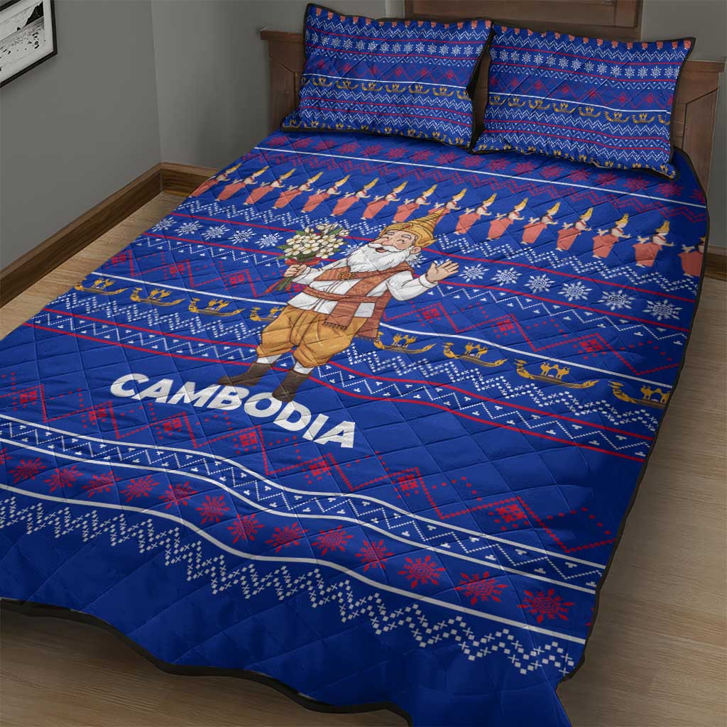 Cambodia Christmas Quilt Bed Set with Santa in Traditional Outfit Elephant Dancers and Snowflake Pattern - Wonder Print Shop