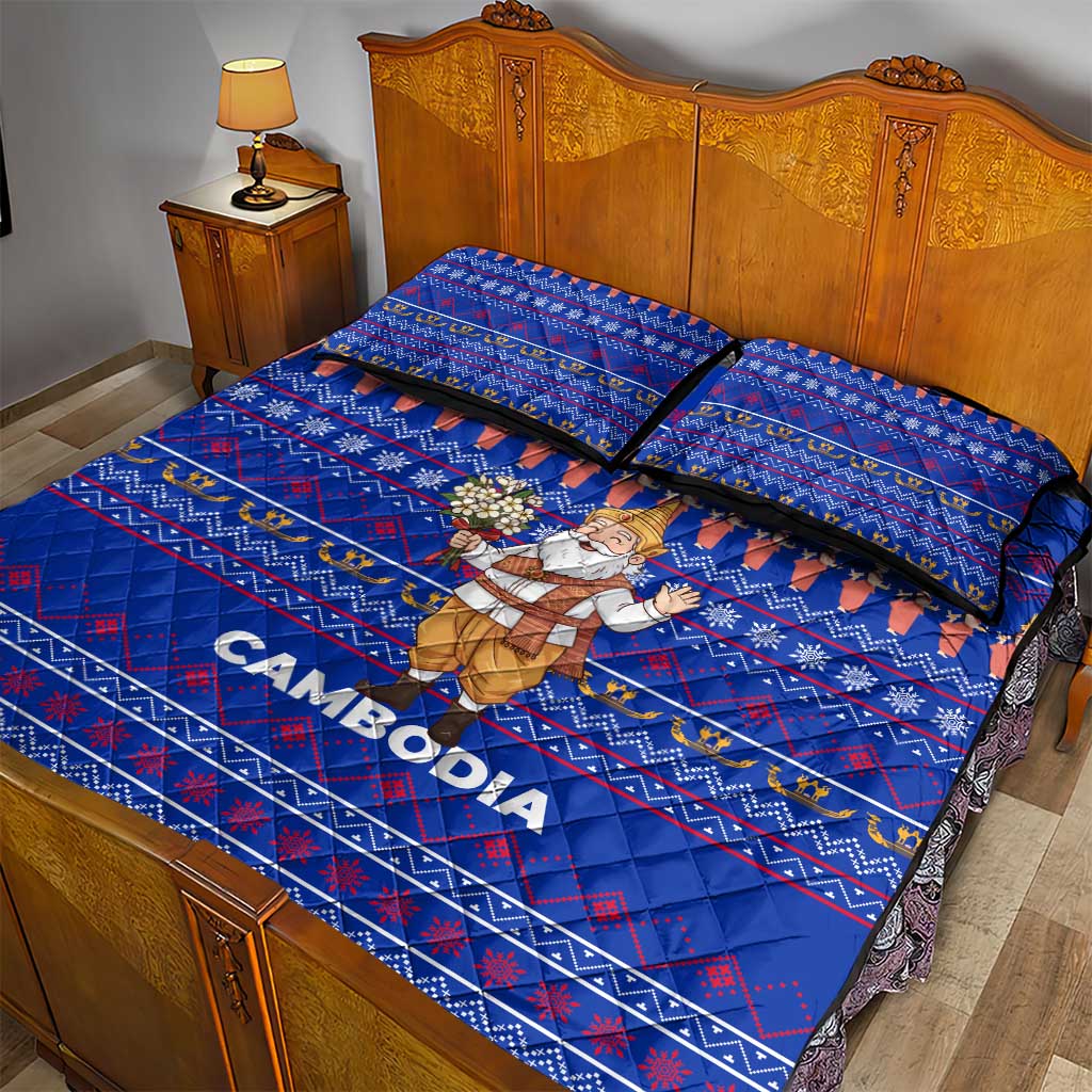 Cambodia Christmas Quilt Bed Set with Santa in Traditional Outfit Elephant Dancers and Snowflake Pattern - Wonder Print Shop