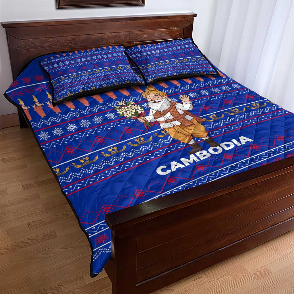 Cambodia Christmas Quilt Bed Set with Santa in Traditional Outfit Elephant Dancers and Snowflake Pattern - Wonder Print Shop