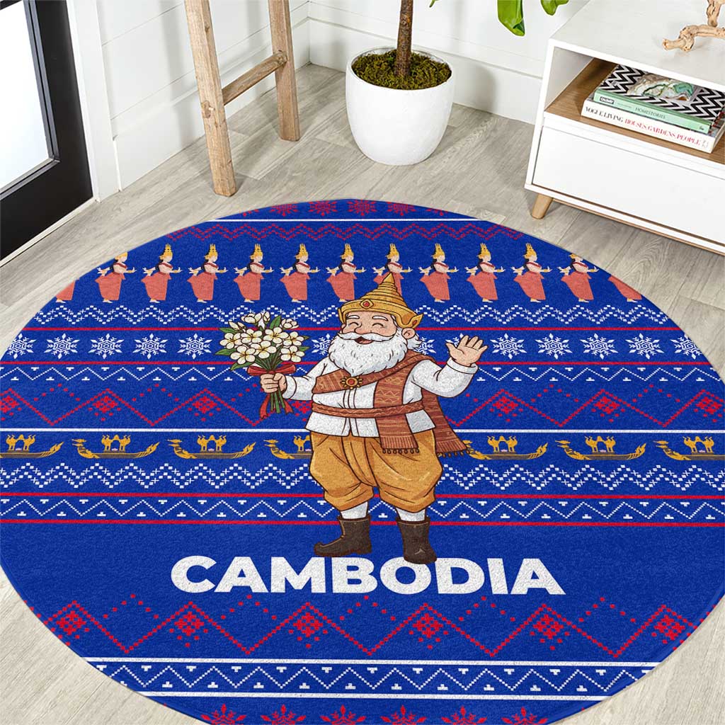 Cambodia Christmas Round Carpet with Santa in Traditional Outfit Elephant Dancers and Snowflake Pattern - Wonder Print Shop