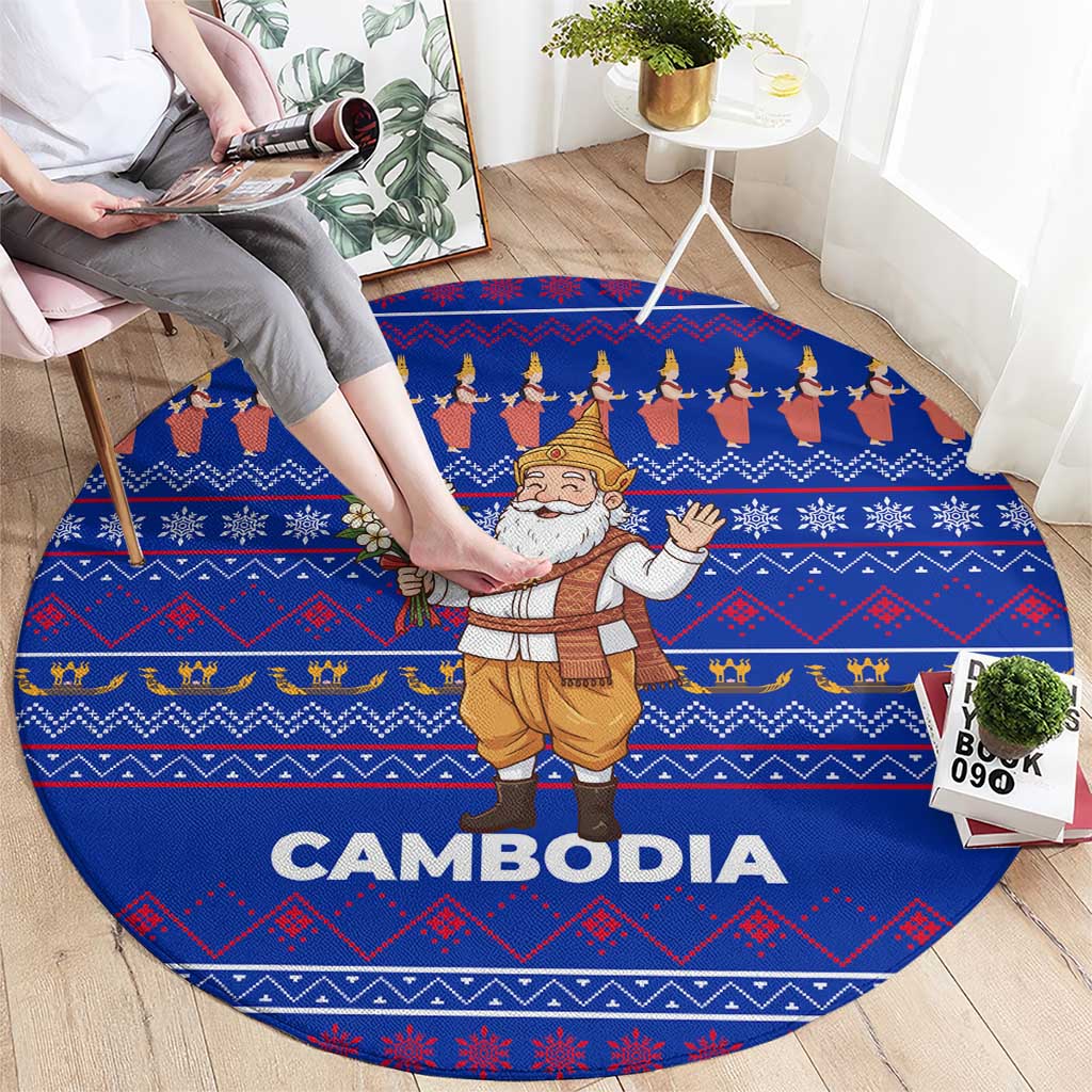 Cambodia Christmas Round Carpet with Santa in Traditional Outfit Elephant Dancers and Snowflake Pattern - Wonder Print Shop