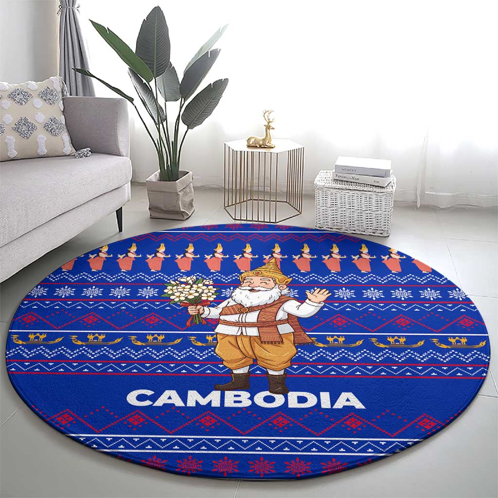 Cambodia Christmas Round Carpet with Santa in Traditional Outfit Elephant Dancers and Snowflake Pattern - Wonder Print Shop