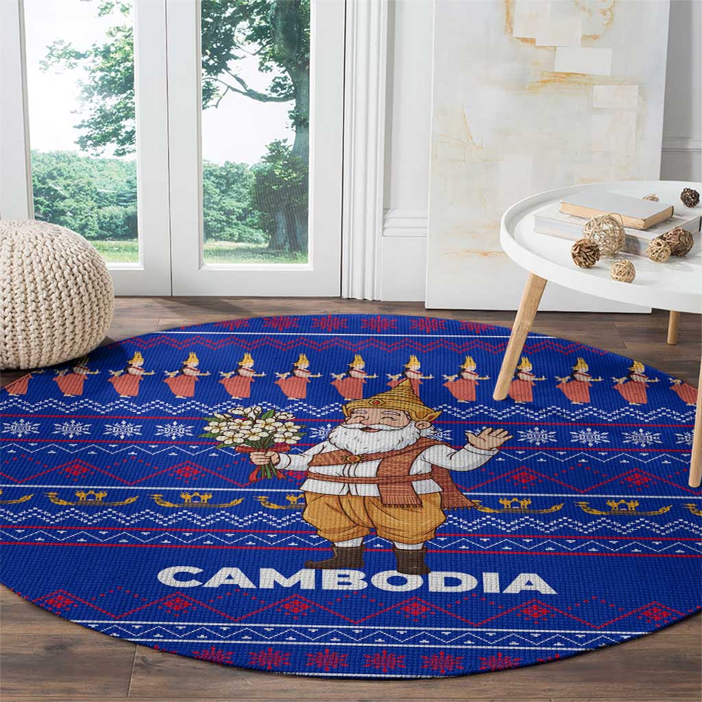 Cambodia Christmas Round Carpet with Santa in Traditional Outfit Elephant Dancers and Snowflake Pattern - Wonder Print Shop