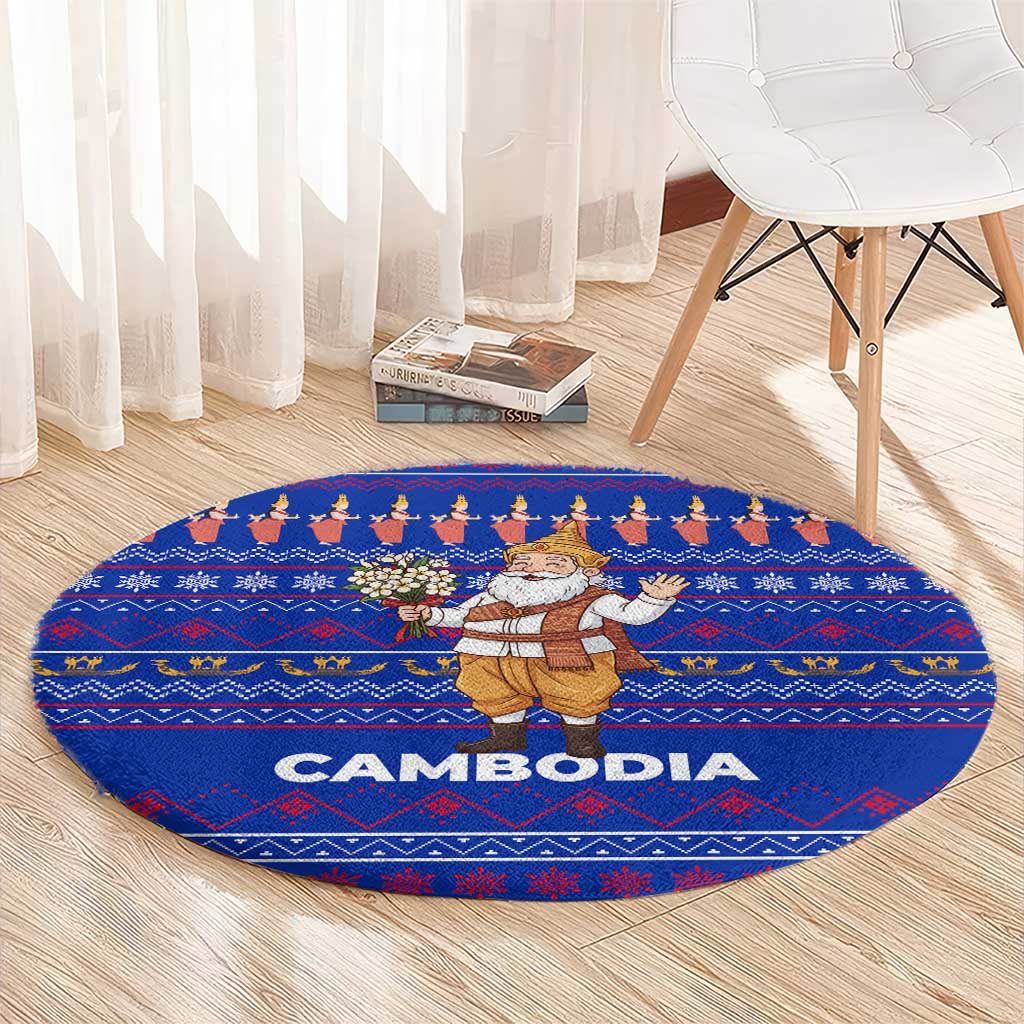 Cambodia Christmas Round Carpet with Santa in Traditional Outfit Elephant Dancers and Snowflake Pattern - Wonder Print Shop