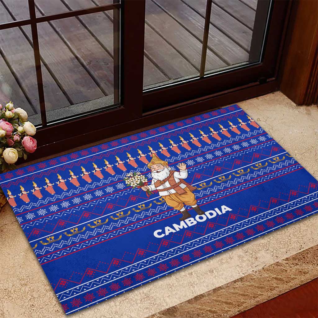 Cambodia Christmas Rubber Doormat with Santa in Traditional Outfit Elephant Dancers and Snowflake Pattern - Wonder Print Shop
