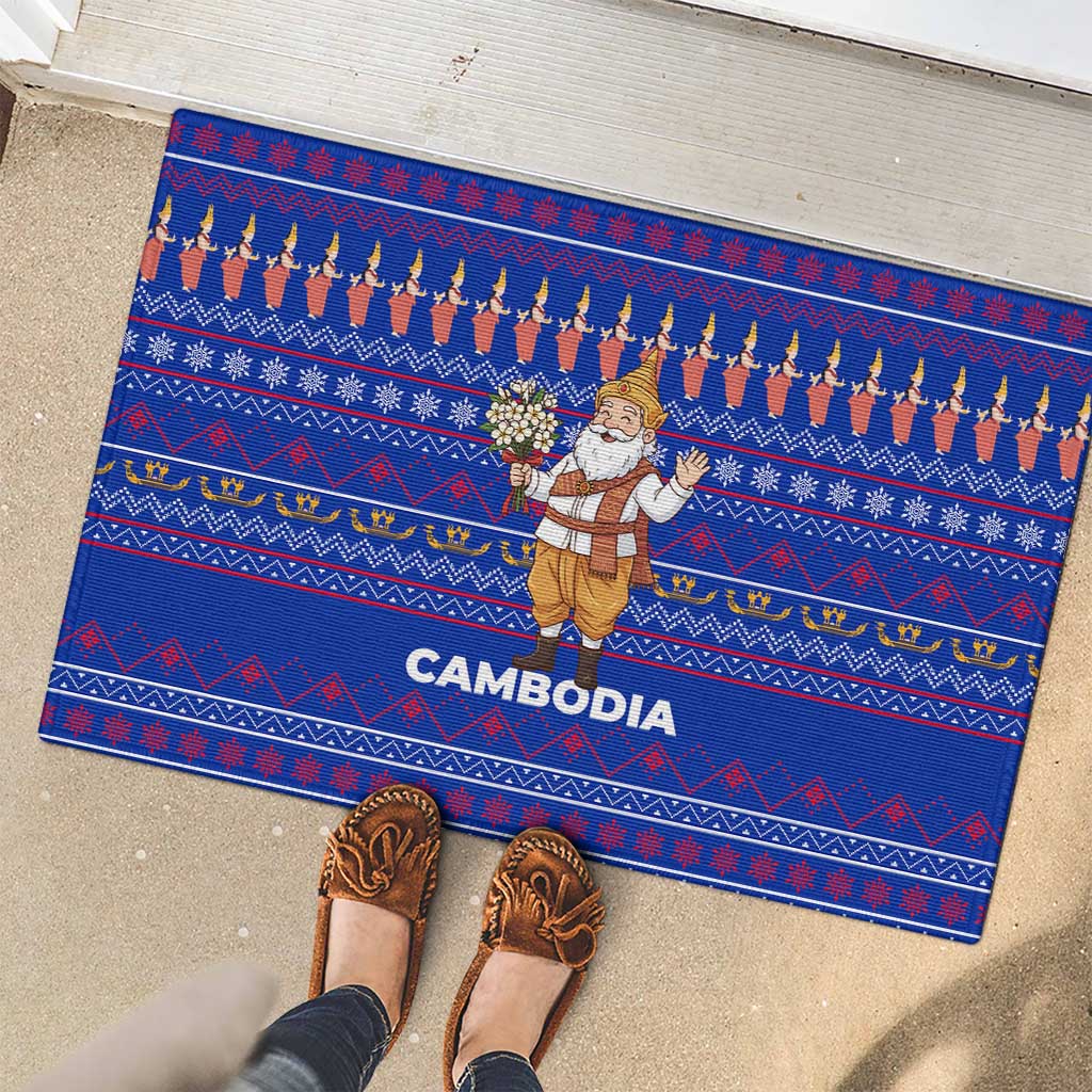 Cambodia Christmas Rubber Doormat with Santa in Traditional Outfit Elephant Dancers and Snowflake Pattern - Wonder Print Shop