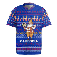 Cambodia Christmas Rugby Jersey with Santa in Traditional Outfit Elephant Dancers and Snowflake Pattern - Wonder Print Shop