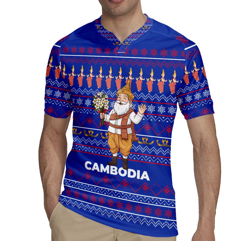 Cambodia Christmas Rugby Jersey with Santa in Traditional Outfit Elephant Dancers and Snowflake Pattern - Wonder Print Shop