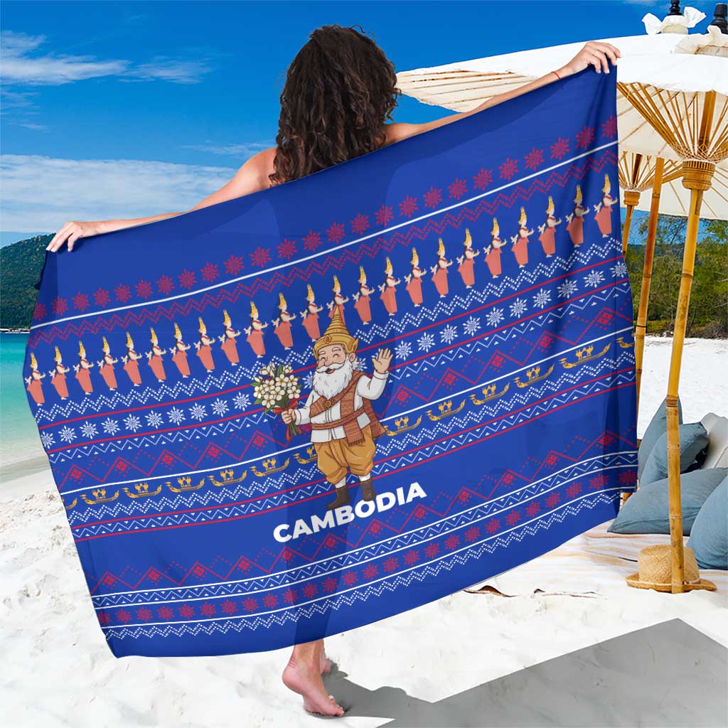 Cambodia Christmas Sarong with Santa in Traditional Outfit Elephant Dancers and Snowflake Pattern - Wonder Print Shop
