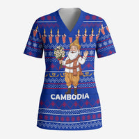 Cambodia Christmas Scrub Top with Santa in Traditional Outfit Elephant Dancers and Snowflake Pattern - Wonder Print Shop