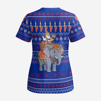 Cambodia Christmas Scrub Top with Santa in Traditional Outfit Elephant Dancers and Snowflake Pattern - Wonder Print Shop