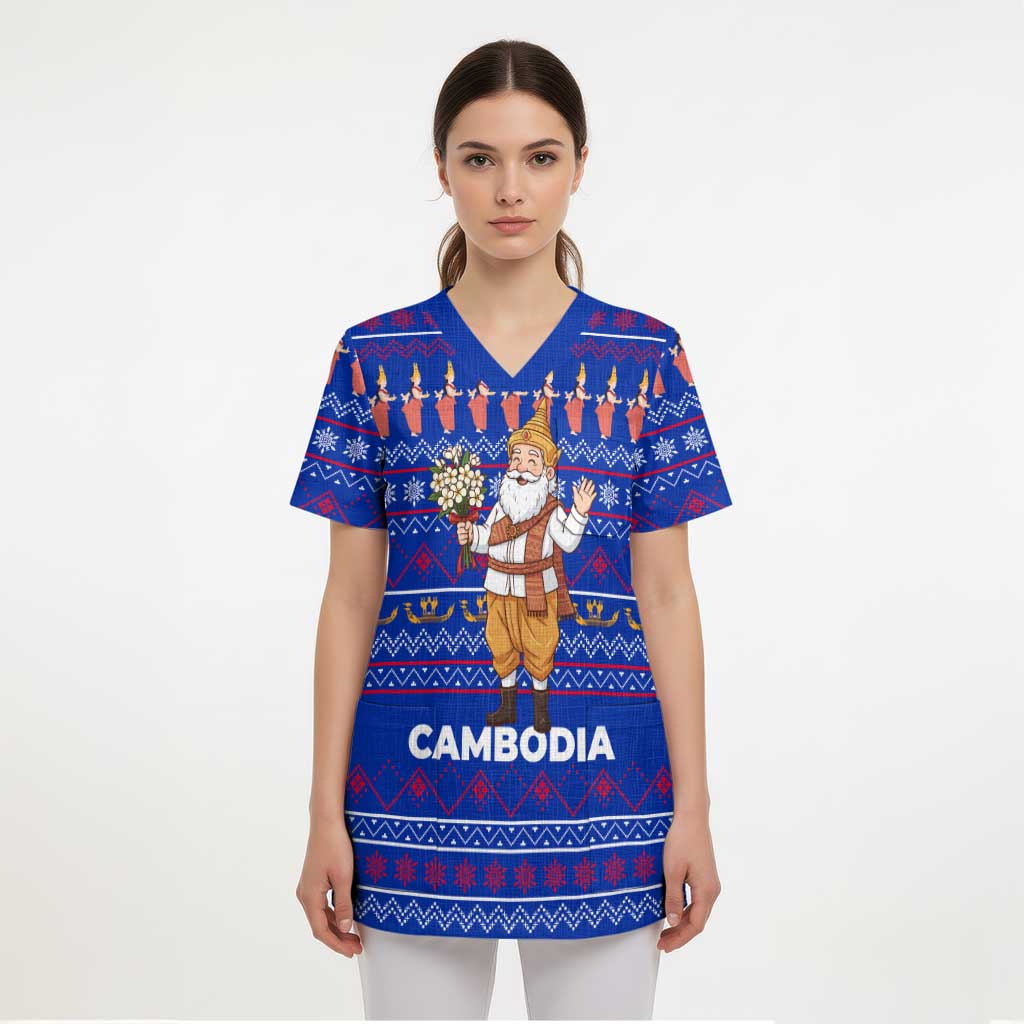 Cambodia Christmas Scrub Top with Santa in Traditional Outfit Elephant Dancers and Snowflake Pattern - Wonder Print Shop