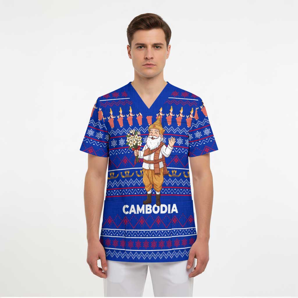 Cambodia Christmas Scrub Top with Santa in Traditional Outfit Elephant Dancers and Snowflake Pattern - Wonder Print Shop