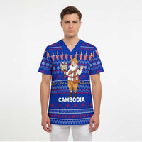 Cambodia Christmas Scrub Top with Santa in Traditional Outfit Elephant Dancers and Snowflake Pattern - Wonder Print Shop