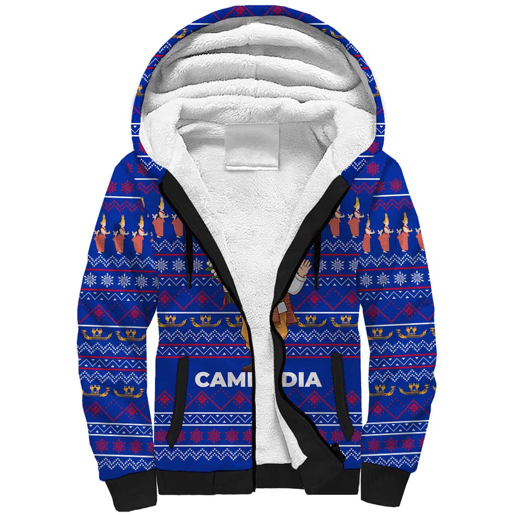 Cambodia Christmas Sherpa Hoodie with Santa in Traditional Outfit Elephant Dancers and Snowflake Pattern - Wonder Print Shop