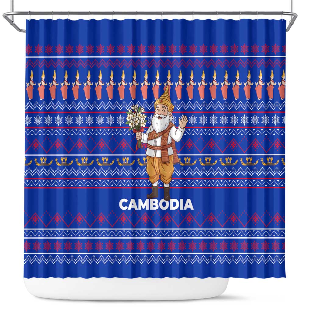 Cambodia Christmas Shower Curtain with Santa in Traditional Outfit Elephant Dancers and Snowflake Pattern - Wonder Print Shop