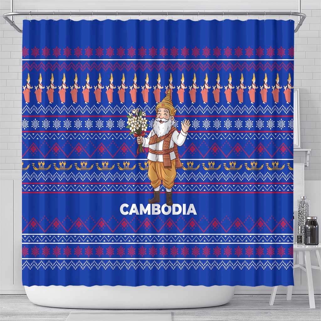 Cambodia Christmas Shower Curtain with Santa in Traditional Outfit Elephant Dancers and Snowflake Pattern - Wonder Print Shop
