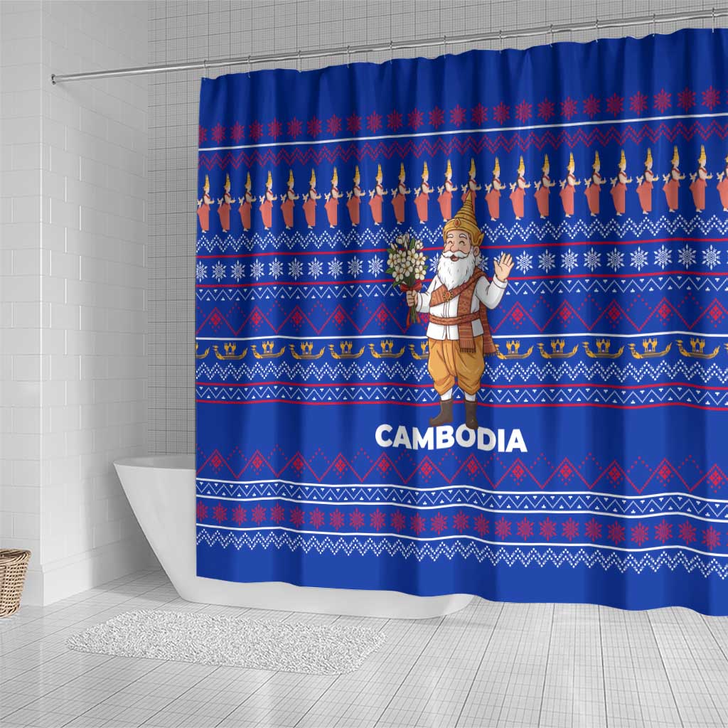 Cambodia Christmas Shower Curtain with Santa in Traditional Outfit Elephant Dancers and Snowflake Pattern - Wonder Print Shop