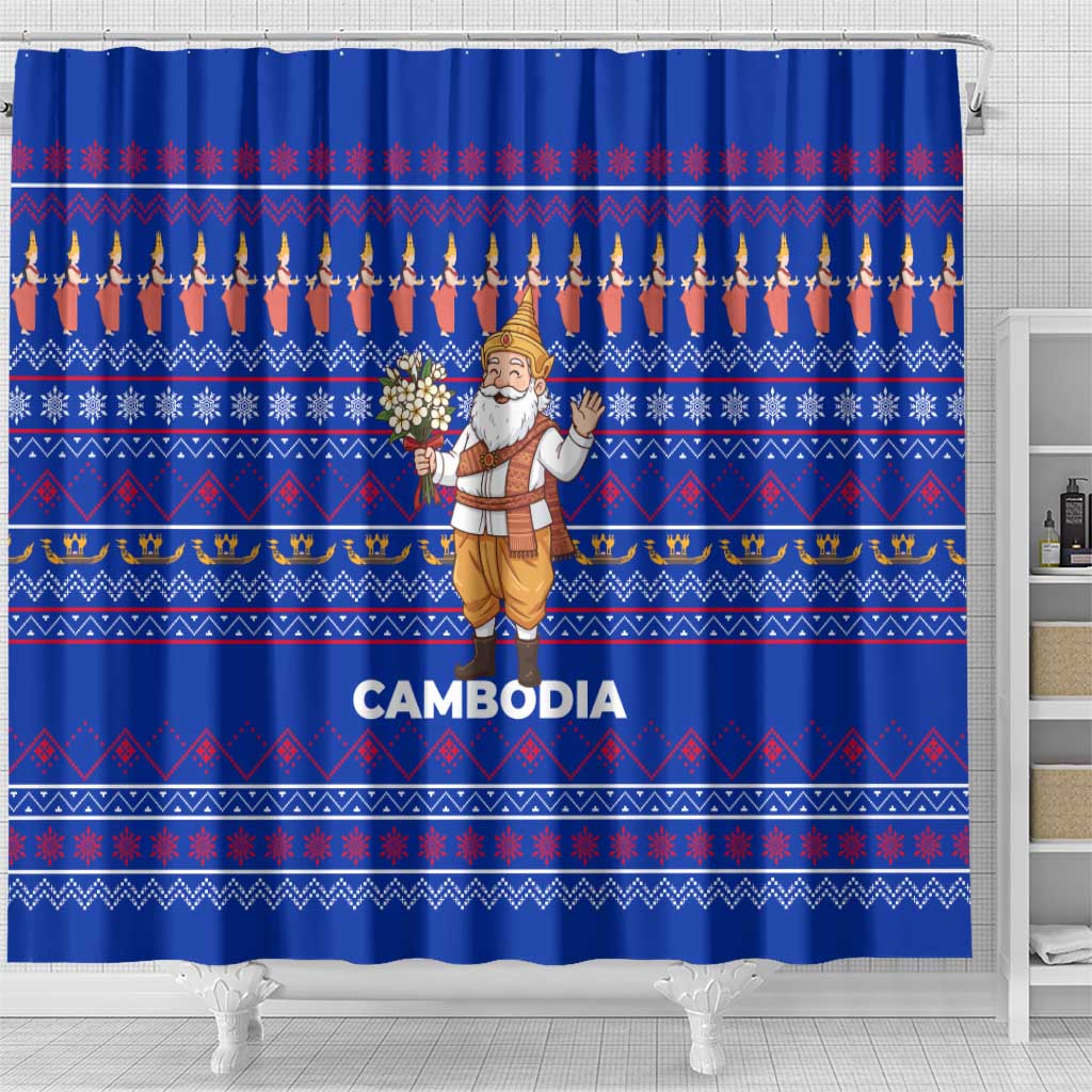 Cambodia Christmas Shower Curtain with Santa in Traditional Outfit Elephant Dancers and Snowflake Pattern - Wonder Print Shop